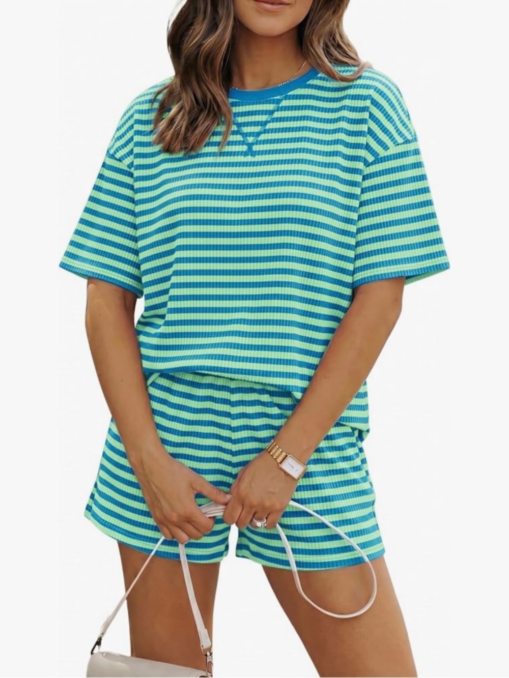 Marzxin Women’s 2 piece ribbed shorts set - size 2XL - Blue & Green Striped